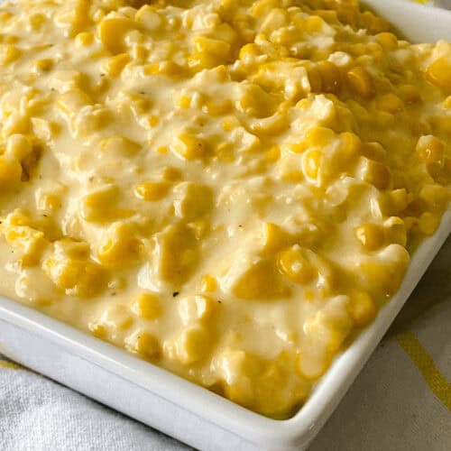 Cream Style Corn in a square baking pan.