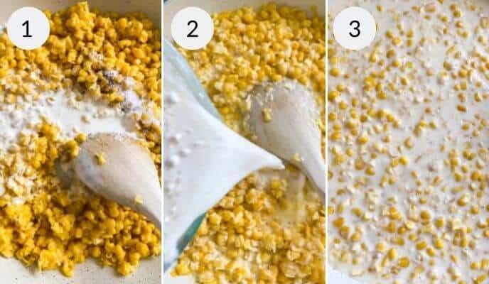 Mixing the ingredients to make the cream style corn.