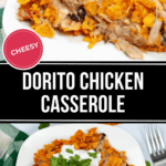 Indulge in Dorito Chicken Casserole, where plates are topped with crushed chips and garnished with cilantro, served alongside a dollop of sour cream.