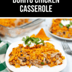 A plate of mouthwatering Dorito Chicken Casserole garnished with fresh cilantro, accompanied by a larger dish of the casserole in the background and crunchy Doritos adding an irresistible touch.