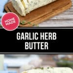 A homemade roll of garlic herb butter graces a wooden board, garnished with a sprig of thyme, while cloves of garlic linger in the background.