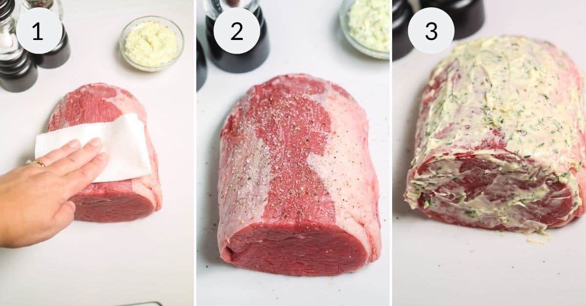 Three-step process: drying a raw beef eye of round roast with a paper towel, seasoning it with salt and pepper, and spreading an herb butter mixture over the roast.
