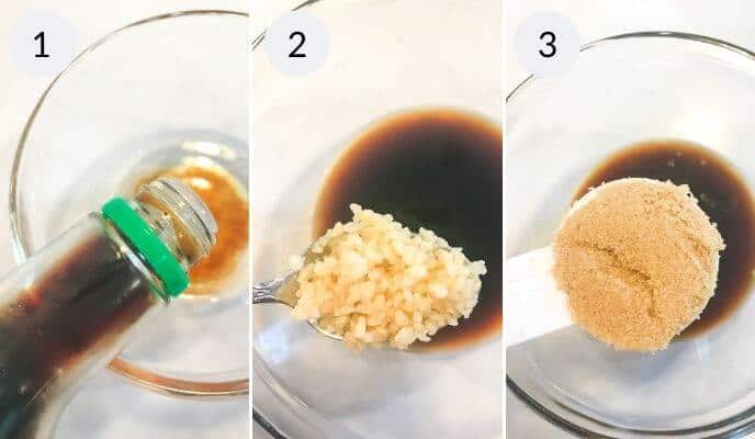Three-panel image: 1) Soy sauce being poured into a bowl, 2) Minced garlic on a spoon above the bowl, 3) Brown sugar in a measuring cup—perfect for making Asian Corn sauce.