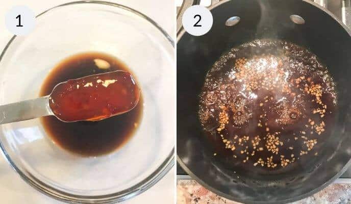 Step 1: Asian Corn sauce ingredients measured in a spoon over a glass bowl. Step 2: Sauce with sesame seeds and Asian Corn flavor simmering in a black saucepan on the stove.