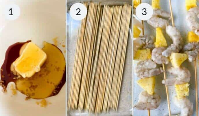 Image showing a three-step process for Hawaiian Garlic Shrimp Skewers: (1) Butter, soy sauce, and garlic in a bowl, (2) Soaking wooden skewers in water, (3) Skewers with shrimp and pineapple chunks, lightly seasoned.
