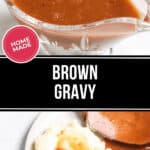 The gravy boat and the mashed potatoes with the brown gravy on top.