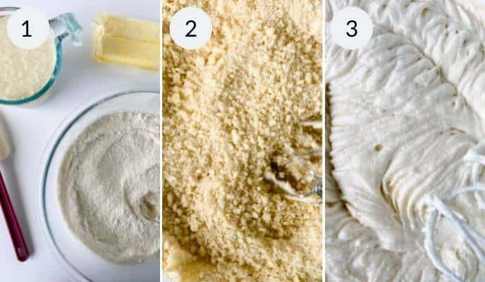 Three-step baking process: Ingredients in bowls and a butter stick; crumbly mixture with a fork; smooth, whipped batter ready to become a delicious dessert.