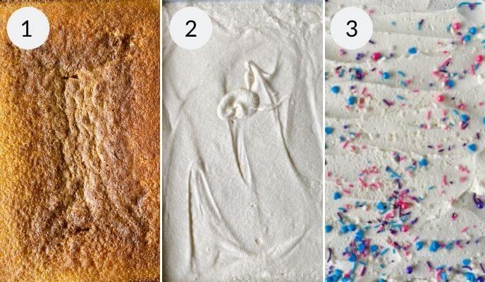 Three stages of a sheet cake: plain yellow cake, then adorned with white frosting, and finally crowned with pink and blue sprinkles.