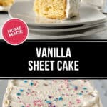 A delightful homemade vanilla sheet cake topped with white frosting and colorful sprinkles, with a tempting slice resting on stacked plates.
