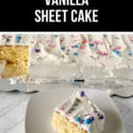 A delectable vanilla sheet cake with white frosting and colorful sprinkles graces a white plate, perfectly framed against the backdrop of the remaining treat.