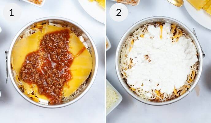 Two pictures demonstrating the preparation of lasagna using an Instant Pot.
