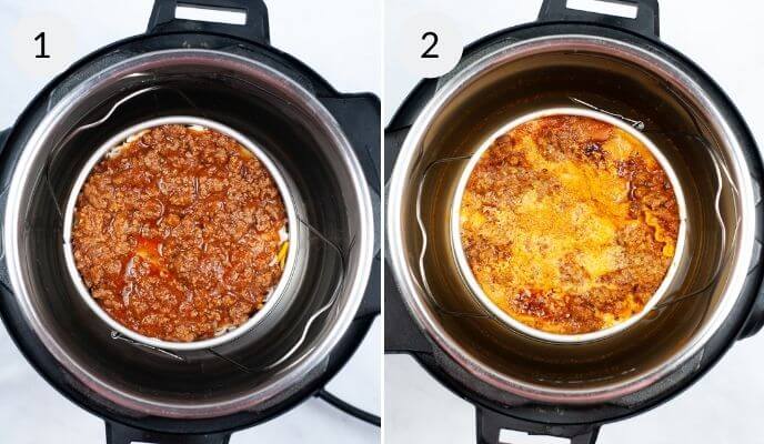 Two photos showing the final stages of the dish. Topping of the sauce and cheese.
