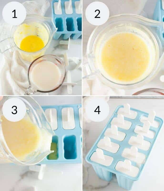 Step-by-step images showing the process of making pineapple popsicles: (1) ingredients displayed, (2) mixed in a jug, (3) poured into molds, (4) molds filled and