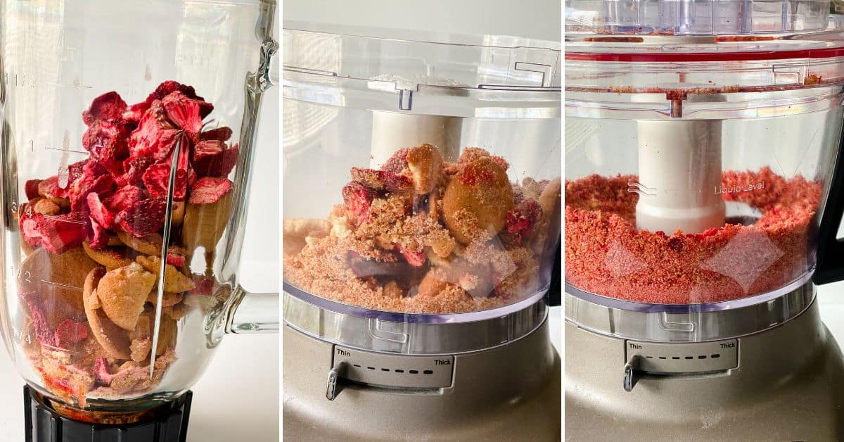 Three-panel image showing cookies and freeze-dried strawberries in a blender and food processor, progressing from whole pieces to a finely ground mixture—perfect for your next Strawberry Crunch Cake Recipe.