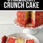 A slice of strawberry crunch cake, made from our delicious Strawberry Crunch Cake Recipe, shows layers of pink and yellow cake with white frosting on a plate, while the whole cake sits elegantly on a stand in the background.