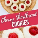Cherry shortbread cookies in closeup and on a platter.