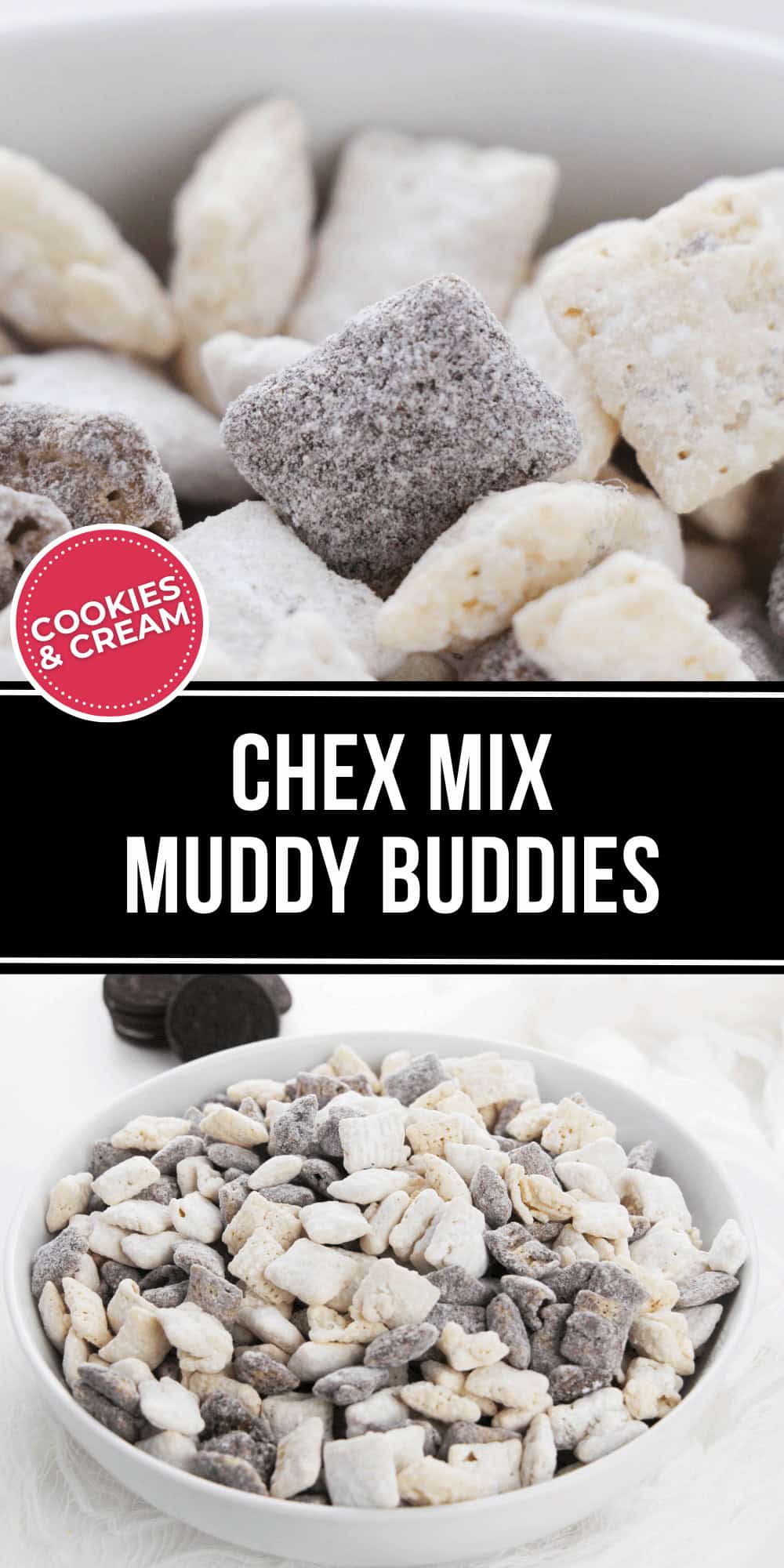 Enjoy a delightful bowl of Cookies and Cream Chex Mix Muddy Buddies, where each bite boasts powdered sugar-coated cereal pieces for a sweet treat.