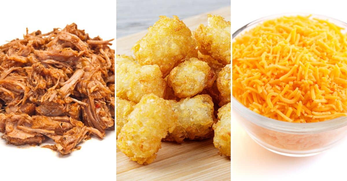 Shredded pulled pork, a pile of tater tots, and a bowl of shredded cheddar cheese are displayed side by side—perfect ingredients for an easy totchos recipe.