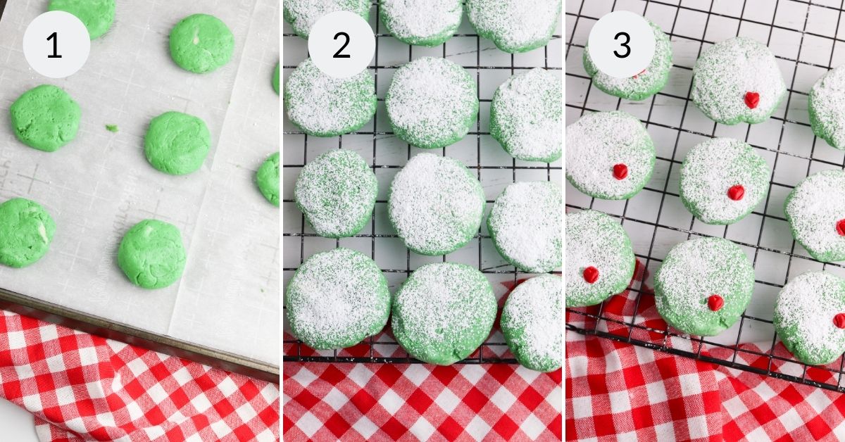 Cookies on a cookie sheet before and after baking and finally decorated.