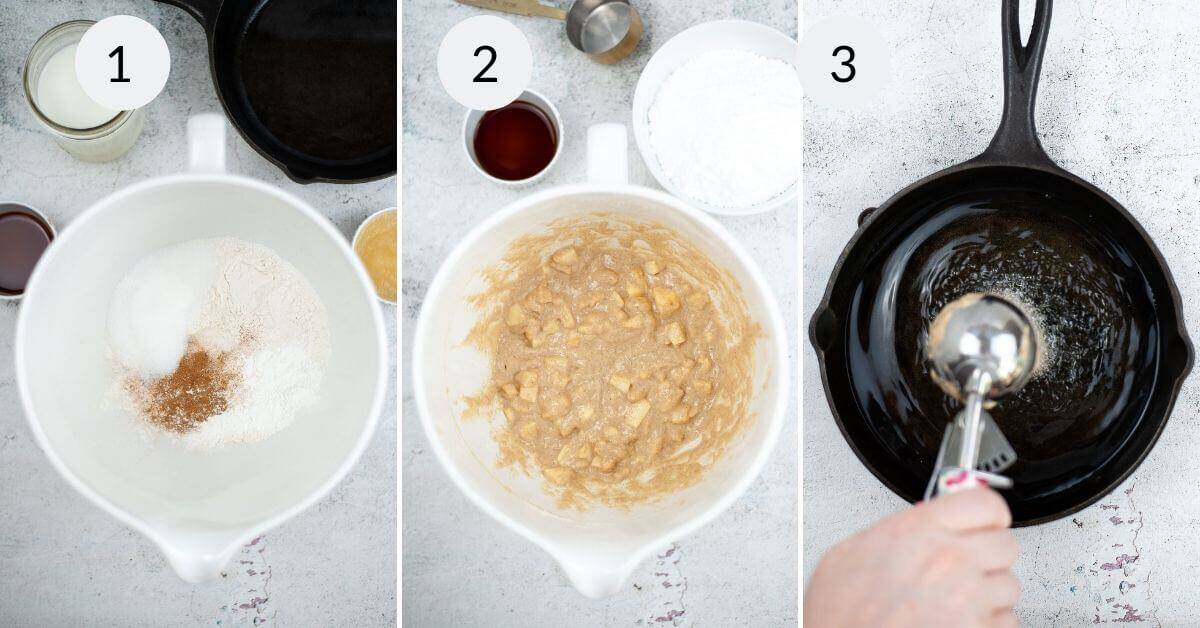Three images illustrating steps for homemade apple fritters: 1. Dry ingredients in a bowl. 2. Mixed dough, rich with apple bits, in a bowl. 3. Dough being scooped into an oiled cast iron pan, ready to transform into delicious fritters.