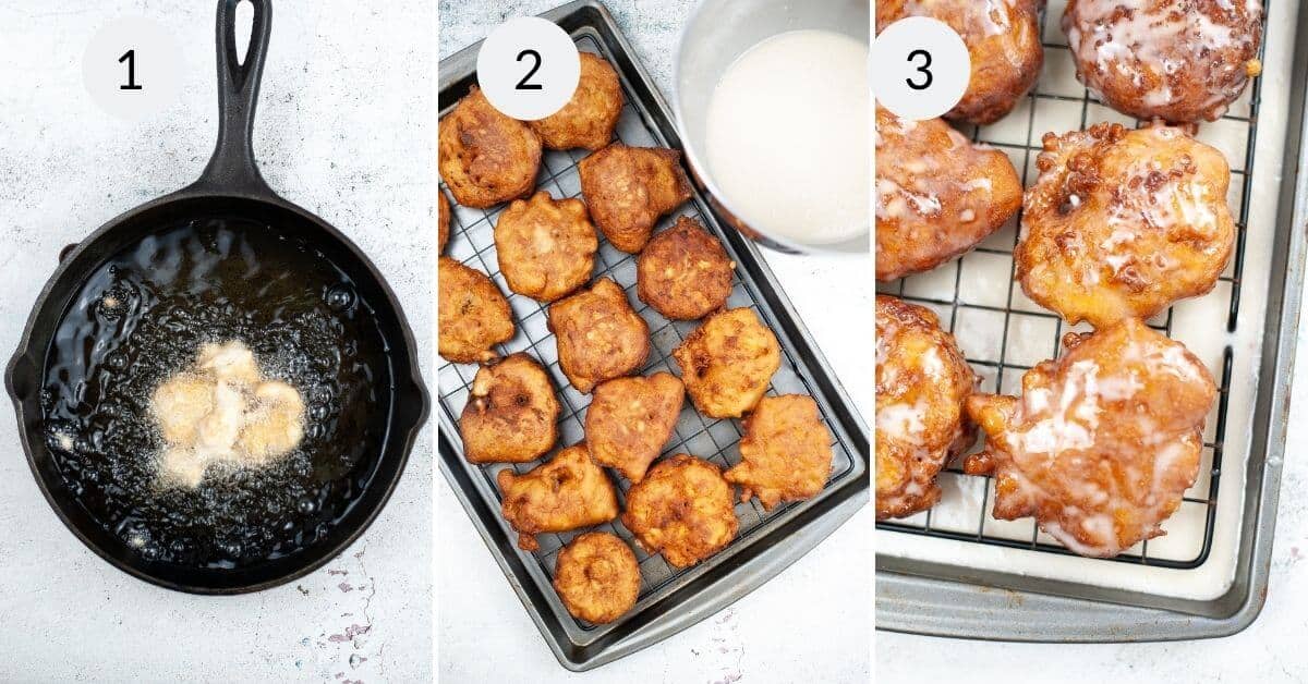 Placing the coating on the finished apple fritters.