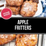 A plate of homemade apple fritters glistens with glaze, surrounded by fresh apples in the background and more fritters cooling elegantly on the rack.