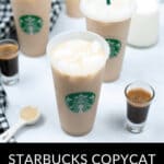 Four iced coffee drinks in clear cups with green straws, surrounded by small espressos, labeled "Starbucks Copycat Iced White Chocolate Mocha." These refreshing beverages capture the essence of an authentic Iced White Chocolate Mocha.