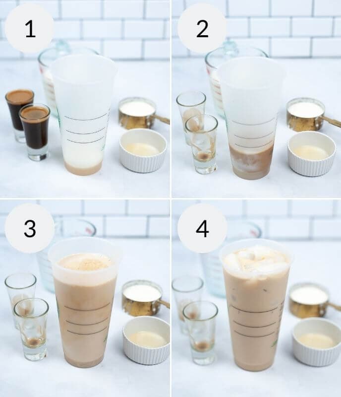 Step-by-step process of making an Iced White Chocolate Mocha with ingredients including espresso shots, milk, and ice in a clear cup.
