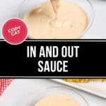 A spoon with creamy sauce is held above a bowl, showcasing the In n Out Sauce Recipe. A label reads "Copycat In and Out Sauce," while fried food is blurred in the background.