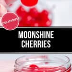 A hand delicately holds a glistening red cherry above a jar labeled "Moonshine Cherries," revealing a tempting bounty of these spirited delights inside.