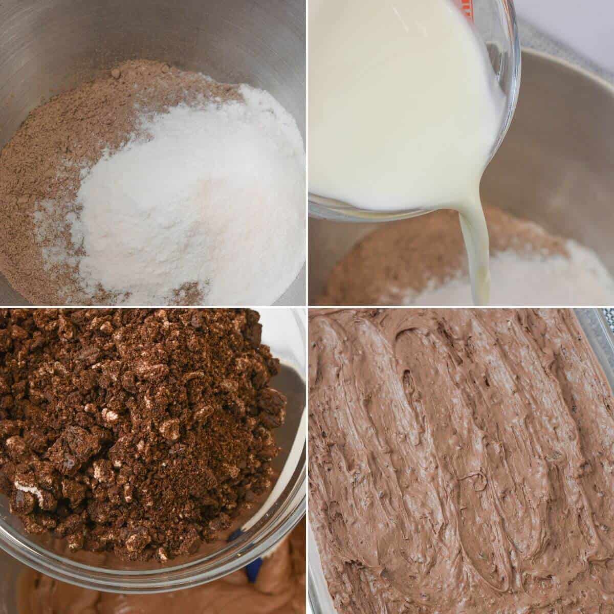 A four-image collage illustrating the step-by-step mixing process for chocolate cake batter, reminiscent of an Oreo Dump Cake. It includes dry ingredients, adding milk, the combined mixture with crumbs, and smooth batter spread in a pan.