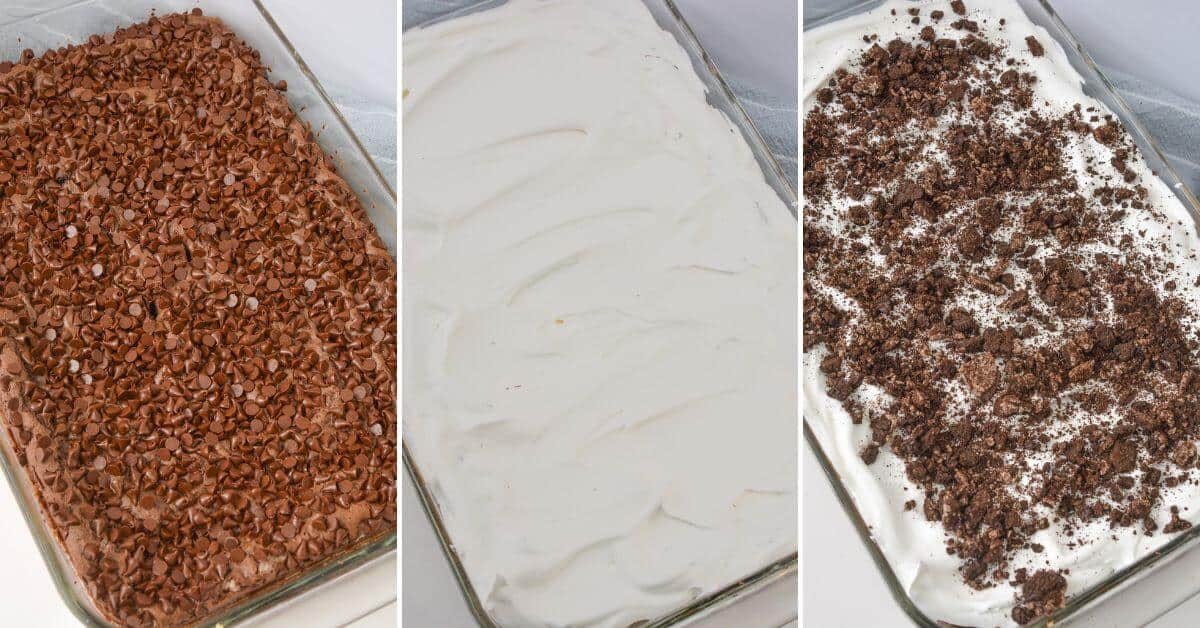 Three images of a delectable Oreo Dump Cake in a rectangular dish: the left showcases chocolate shavings, the center is topped with luscious whipped cream, and the right features a generous sprinkle of crushed cookies.
