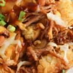 Close-up of a plate with shredded meat, melted cheese, tater tots, barbecue sauce, and chopped green onions—perfect for trying out a new totchos recipe.
