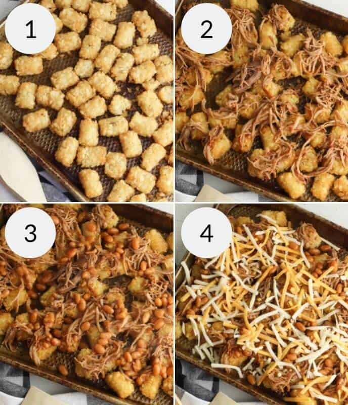 Step-by-step images showcase this totchos recipe: tater tots on a baking sheet, topped with pulled pork, baked beans, and shredded cheese at each stage.
