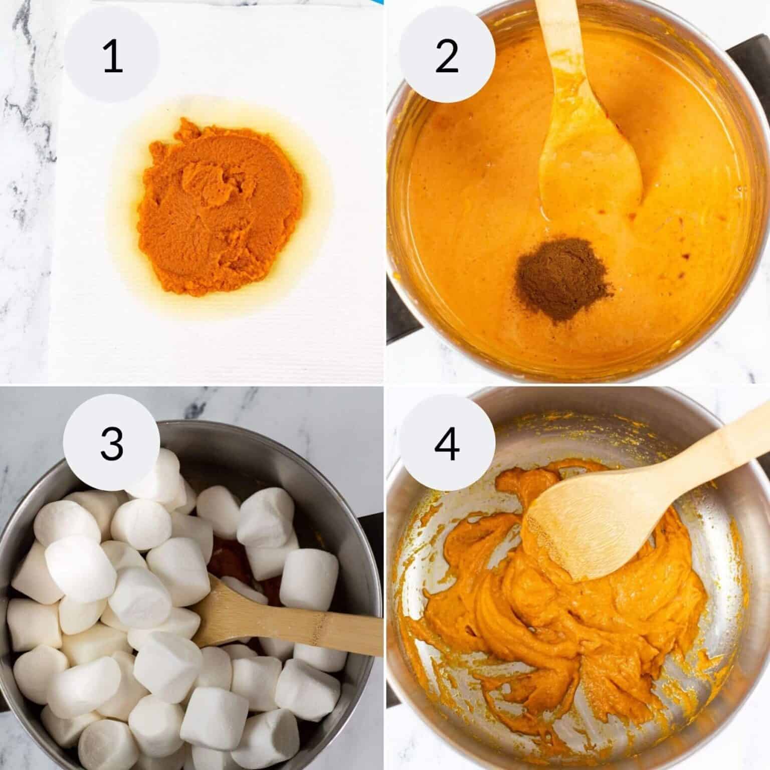 Mixing the pumpkin and marshmallows to make the treat.