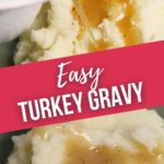 Turkey gravy being poured over potatoes and after it is done being poured.