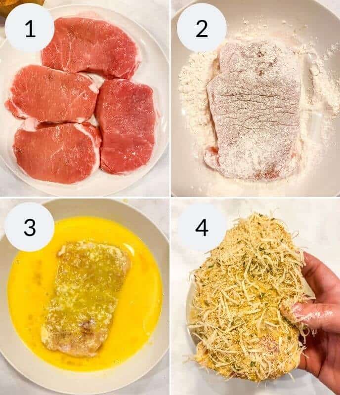 The baked breaded pork chops follow a four-step process: start with raw meat, dredge in flour, dip in beaten egg, and finish with a coating of breadcrumbs and shredded cheese for the perfect golden crust.