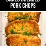 Three baked breaded pork chops, perfectly crispy and garnished with chopped parsley, are displayed on a pristine white rectangular plate.