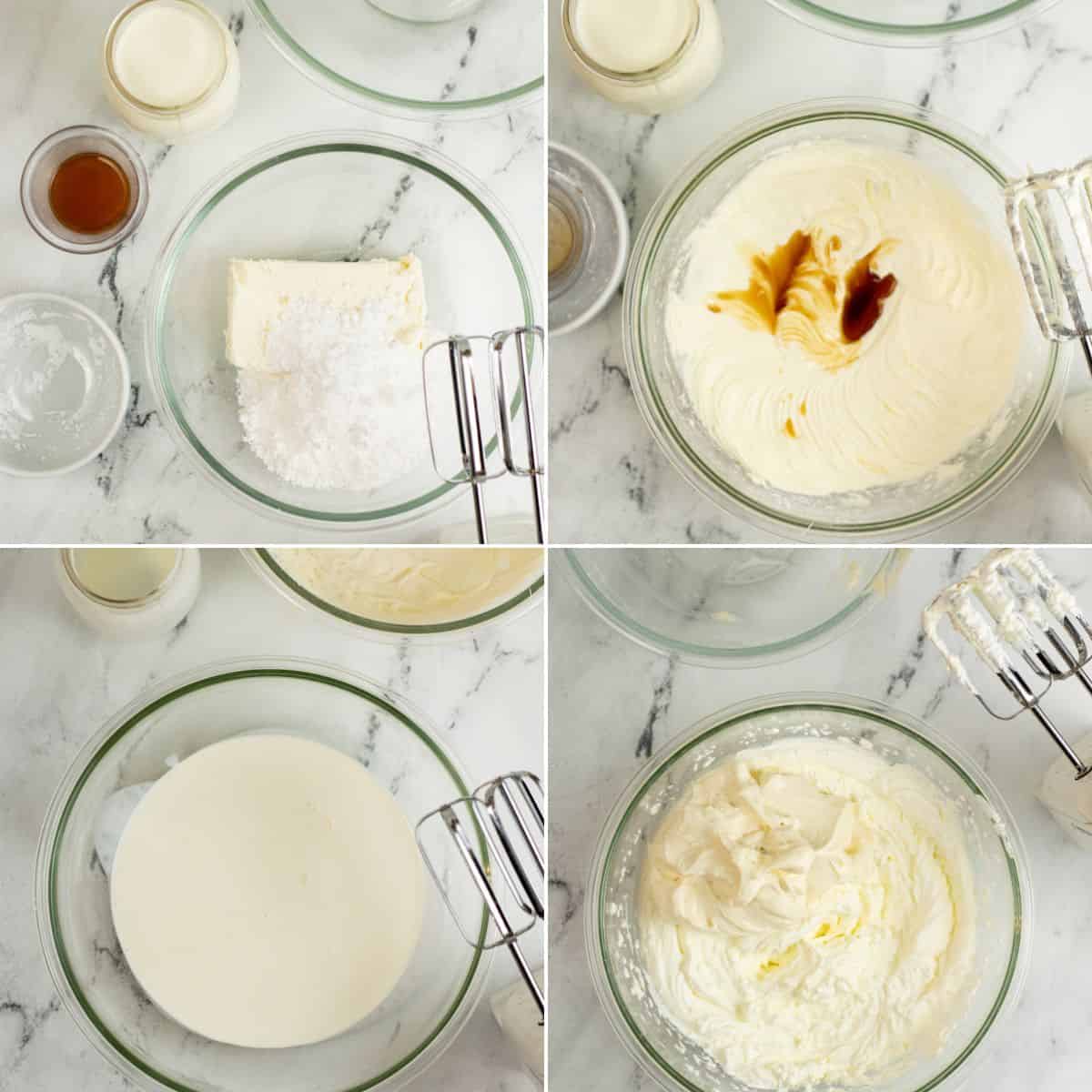 Four-step process of making a creamy mixture with butter, powdered sugar, vanilla, cream, and Cream Cheese Whipped Cream in glass bowls, using an electric mixer on a marble countertop.