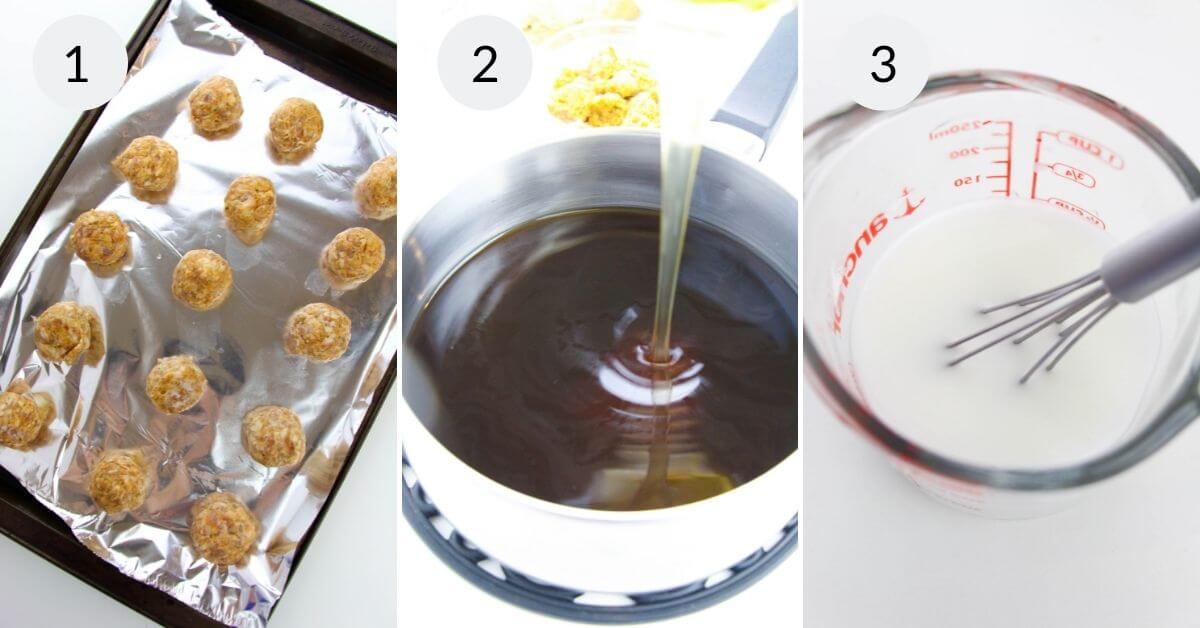 Step-by-step food preparation: 1) honey garlic meatballs scooped into balls on a baking sheet, 2) melted chocolate being poured into a bowl, 3) milk being measured in