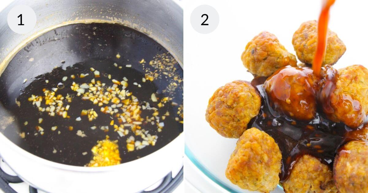Step 1: Cooking Honey Garlic sauce in a pot. Step 2: Pouring sauce over meatballs in a dish.