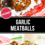 Plate of honey garlic meatballs served over rice with green onion garnish.