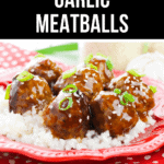 Honey Garlic Meatballs served over rice with garnish.