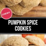 A stack of warm, pumpkin spice cookies rests enticingly on a rustic wooden surface, their chewy texture promising a delightful autumn treat.