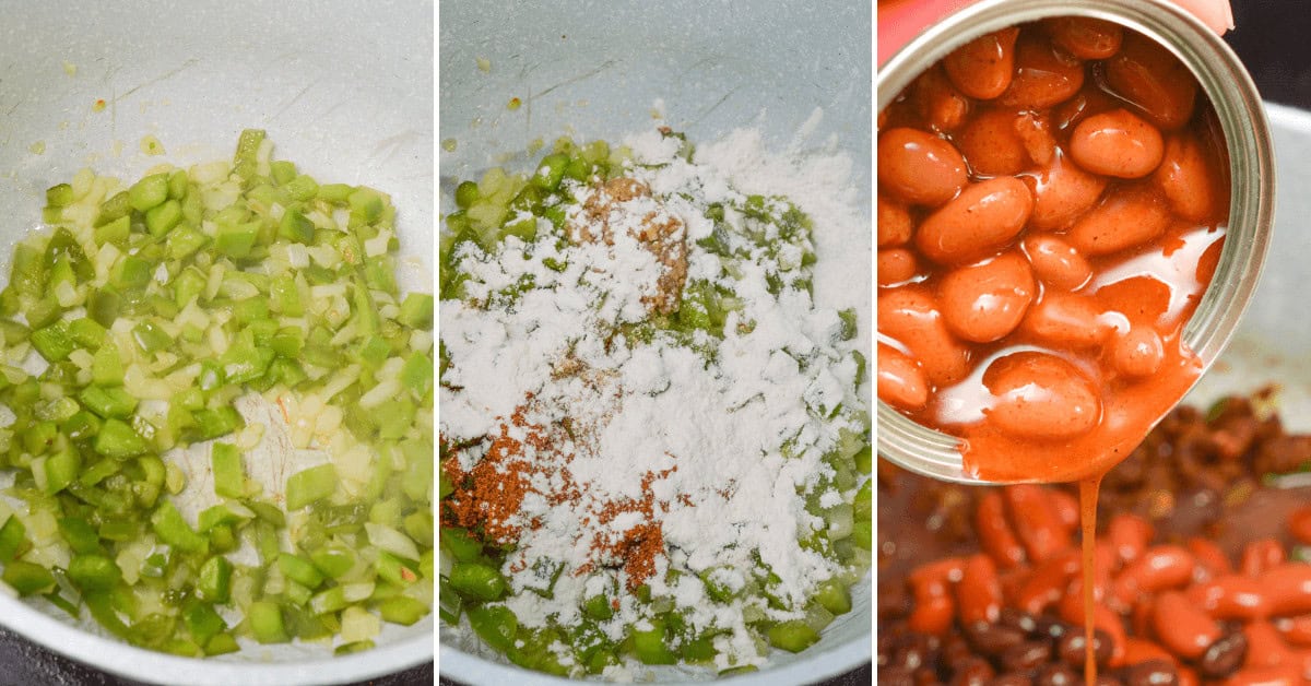 Three-step collage: chopped green peppers and onions sizzle in a pan, then flour and spices blend in beautifully, followed by canned beans pouring in for a hearty three bean chili.