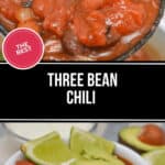 A bowl of hearty three bean chili is topped with fresh avocado slices and zesty lime wedges.