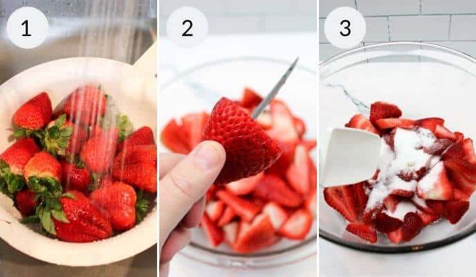 A three-step process to prepare strawberries for an Upside Down Strawberry Vanilla Cake. Step 1: Rinse the strawberries in a colander. Step 2: Slice the strawberries in half. Step 3: Mix the sliced strawberries with sugar in a bowl.
