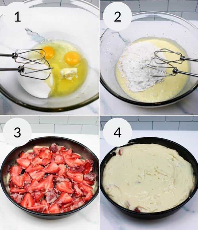 Four-step process of making an Upside Down Strawberry Vanilla Cake. Steps show mixing eggs and sugar, adding flour, layering strawberries over batter, and covering with a final layer of batter.