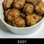 A white bowl filled with oven-baked meatballs, garnished with herbs, sits invitingly. A red checkered cloth peeks from the side, complementing the scene. Text below reads "Easy Baked Meatballs Recipe.