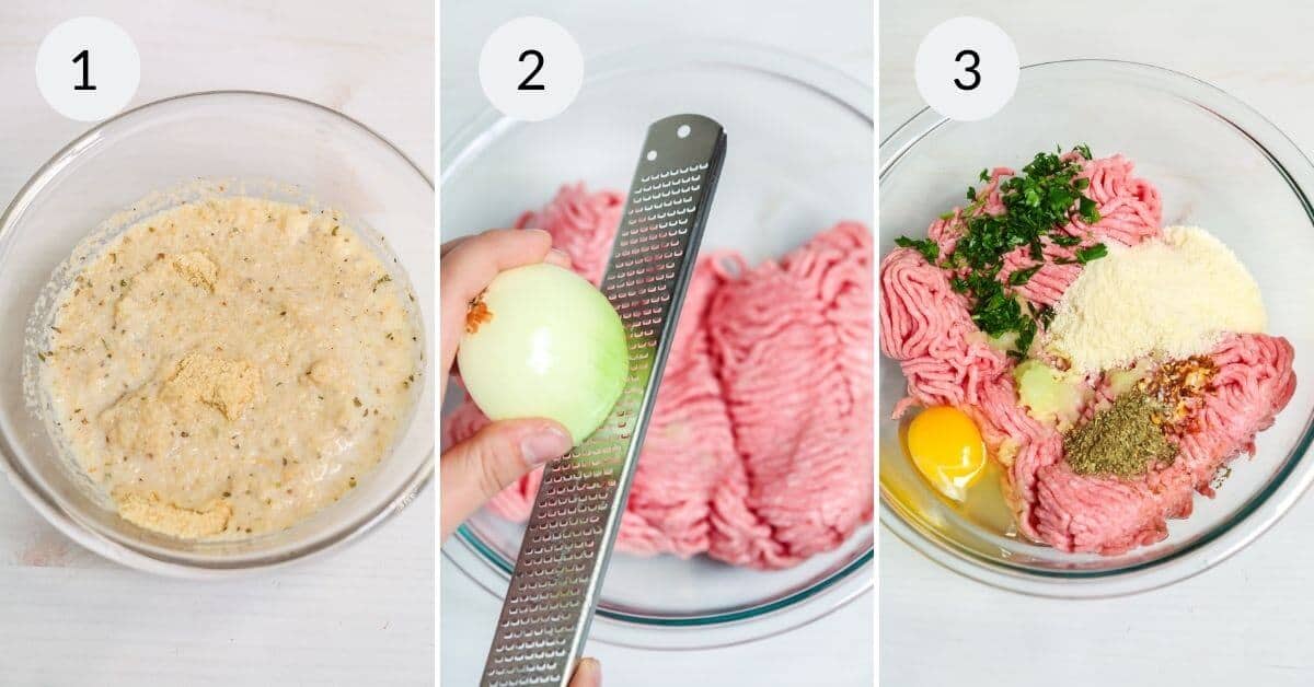 Three images illustrating steps for a delicious baked meatballs recipe: 1) Soaked breadcrumbs in a bowl. 2) Grating onion over ground meat. 3) Bowl with ground meat, grated onion, breadcrumbs, egg, and herbs.